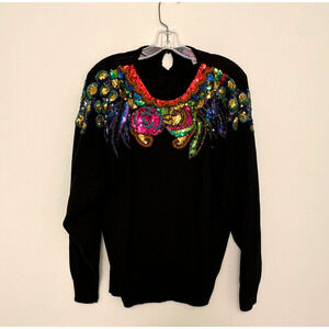 Vintage Lindsey Blake Womens Sweater Small Black Floral Sequin Artsy Wacky 80s